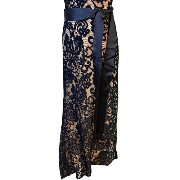 Betsy & Adam Navy Blue Lace and Taupe Evening Gown Size 6 - Picture 2 of 8
